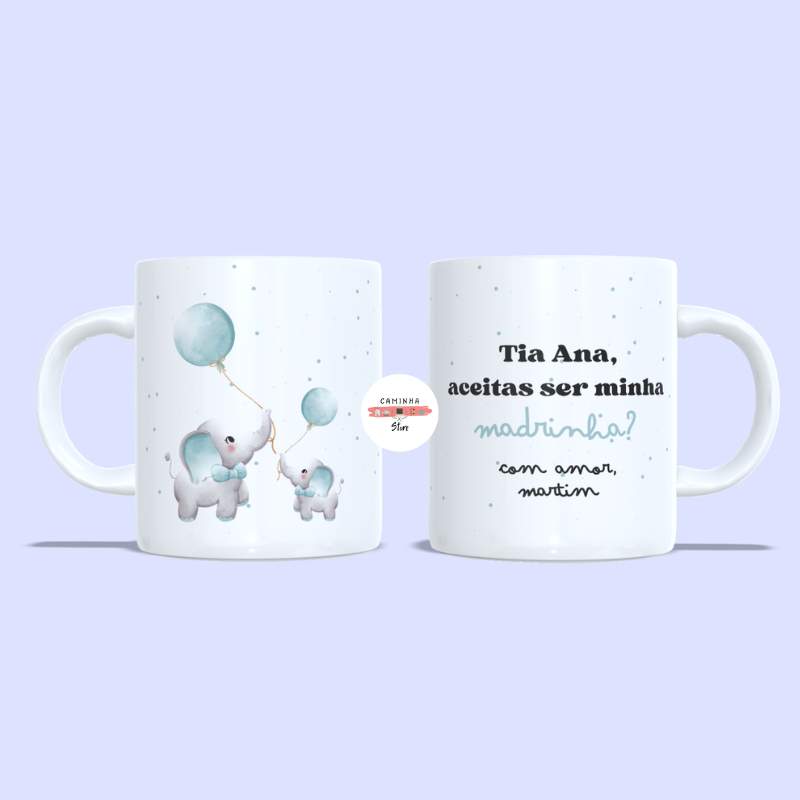 Caneca Personalizada Madrinha - Elefantes (azul)